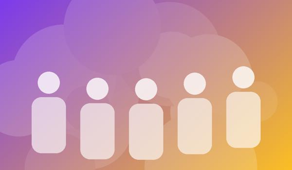 Ilustração de voluntários reunidos sobre fundo roxo e amarelo